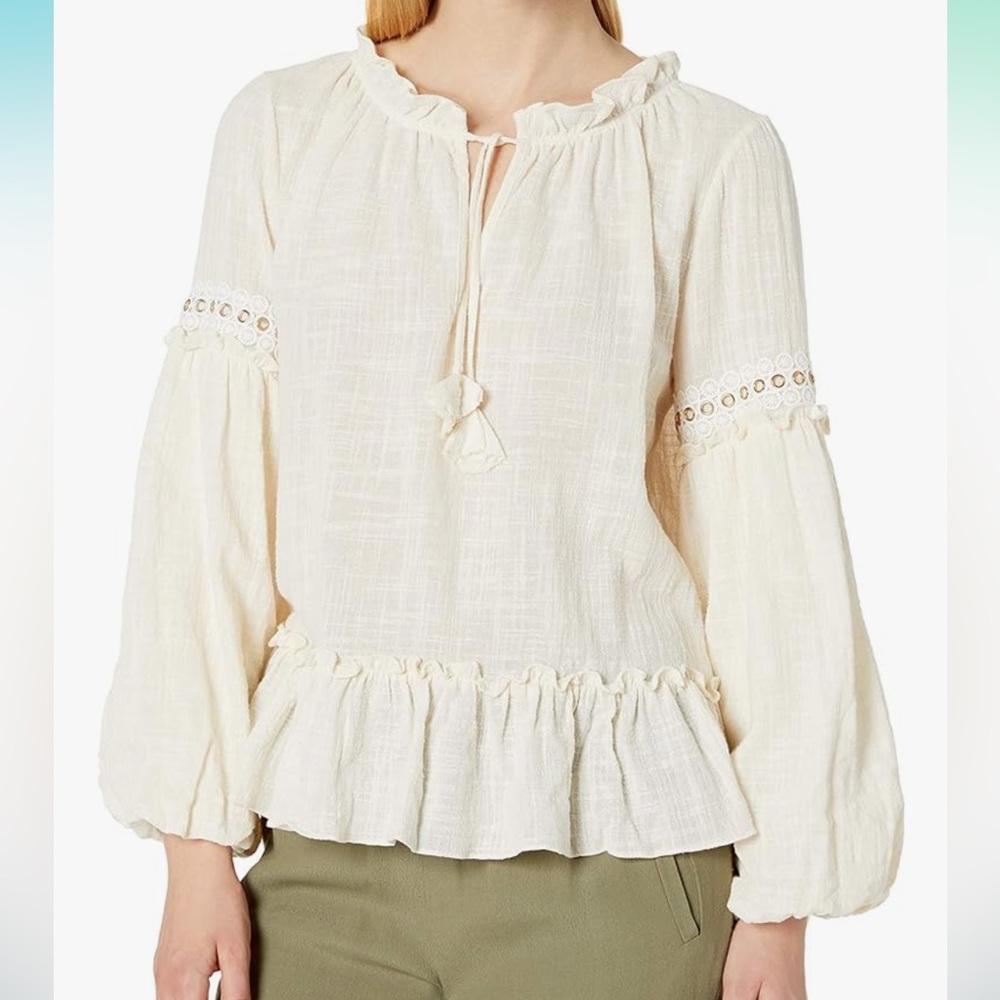 Misa Crochet Grommet Puff Sleeve Ruffle Blouse Top Extra Small XS